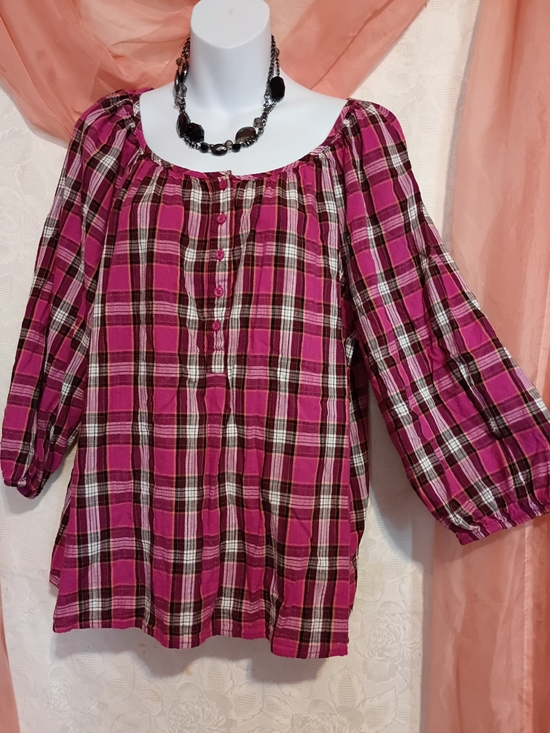 Faded Glory Tops - Faded Glory Ladies Pink Plaid Peasant Tunic Sz PXL